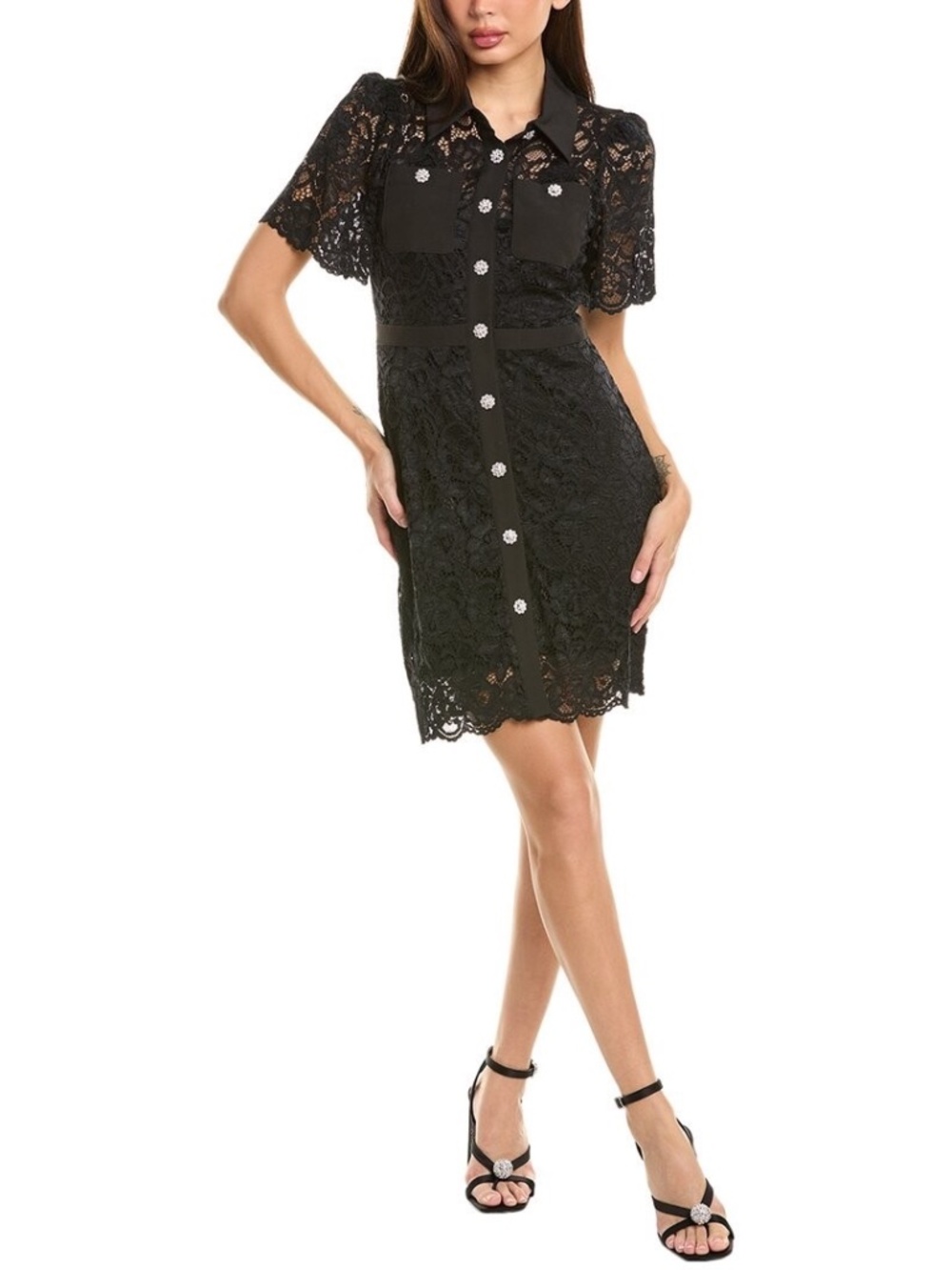 NWT Sam Edelman Black Lace Short Shirtdress Cocktail Dress Rhinestone Buttons 4
